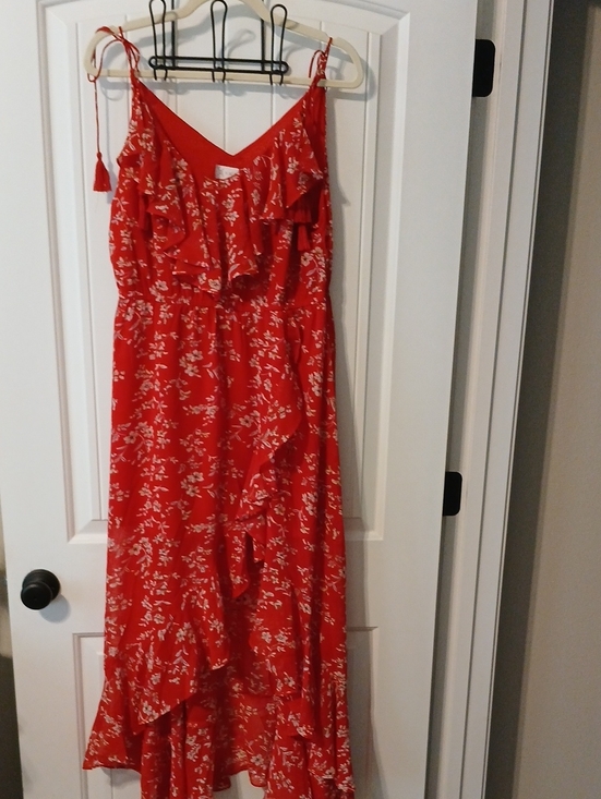 Amiani Dresses & Skirts - Red Floral Midi Dress with Ruffle Detail
